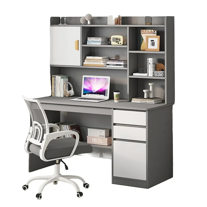 Minimalist Wooden Student Computer Desk with Bookshelf