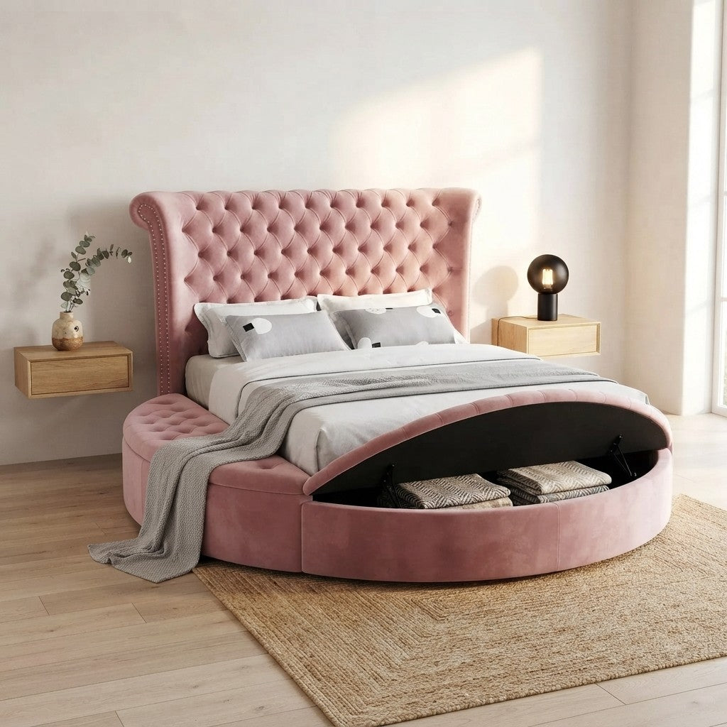 Soft Velvet Upholstered Circle Storage Bed