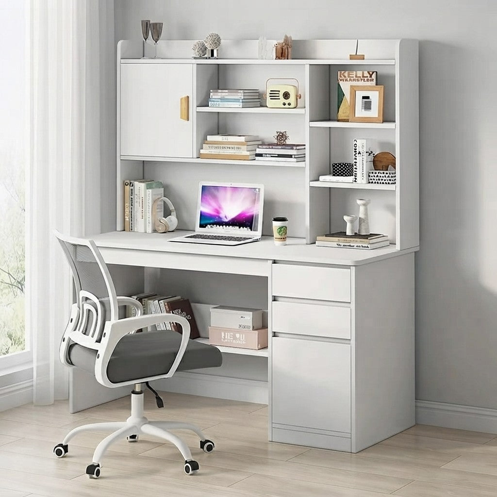 Minimalist Wooden Student Computer Desk with Bookshelf