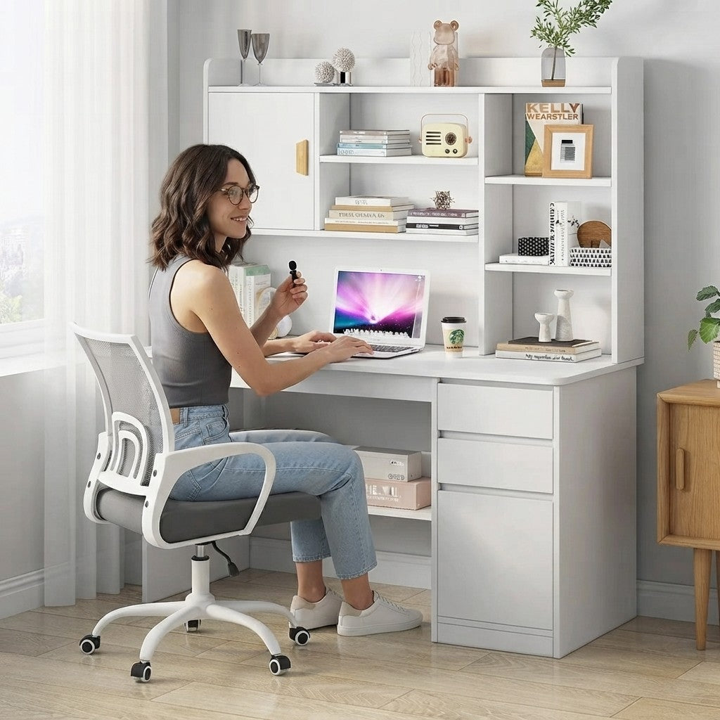 Minimalist Wooden Student Computer Desk with Bookshelf